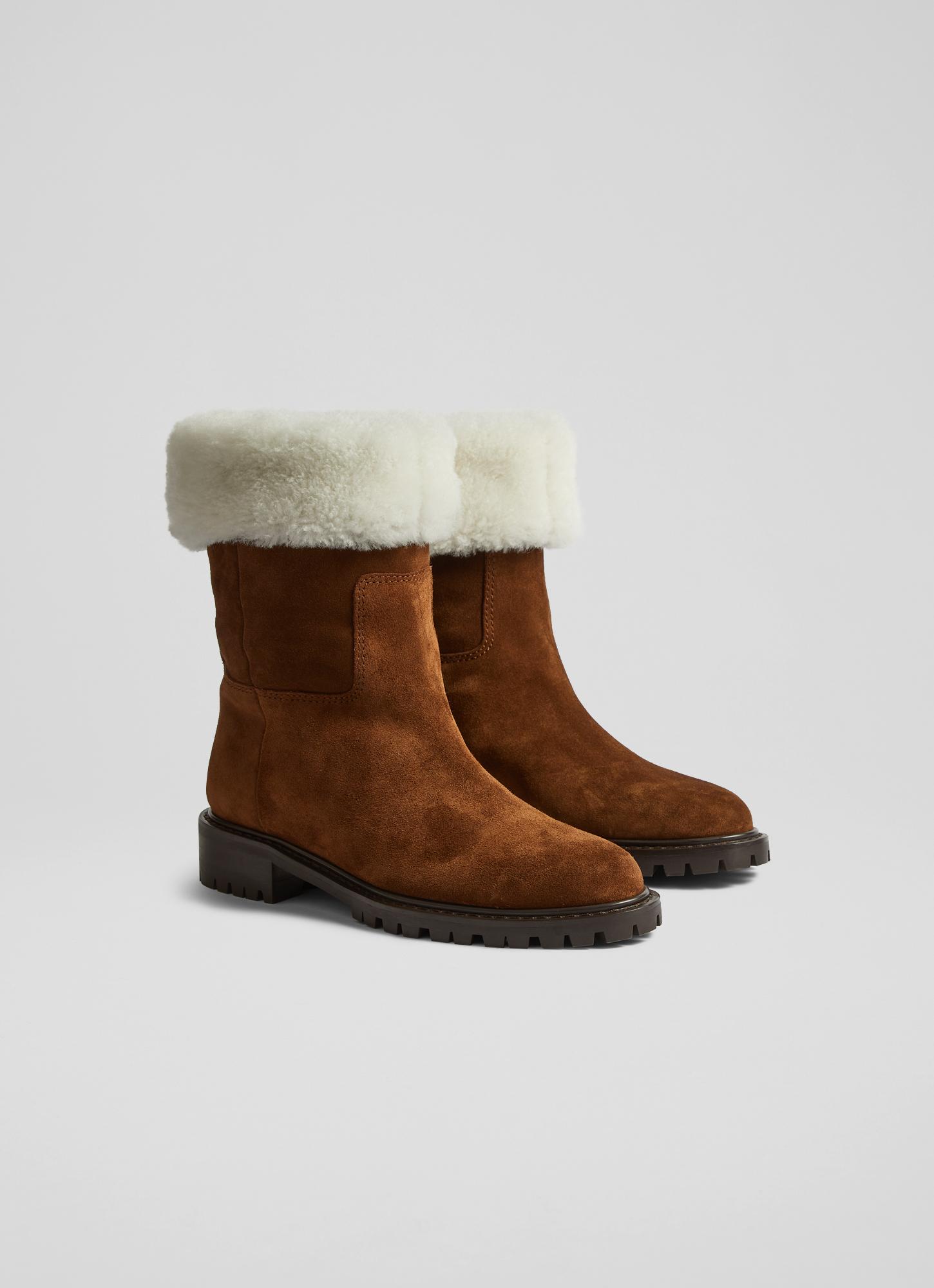 Sally Tan Suede Shearling Cuff Ankle Boots